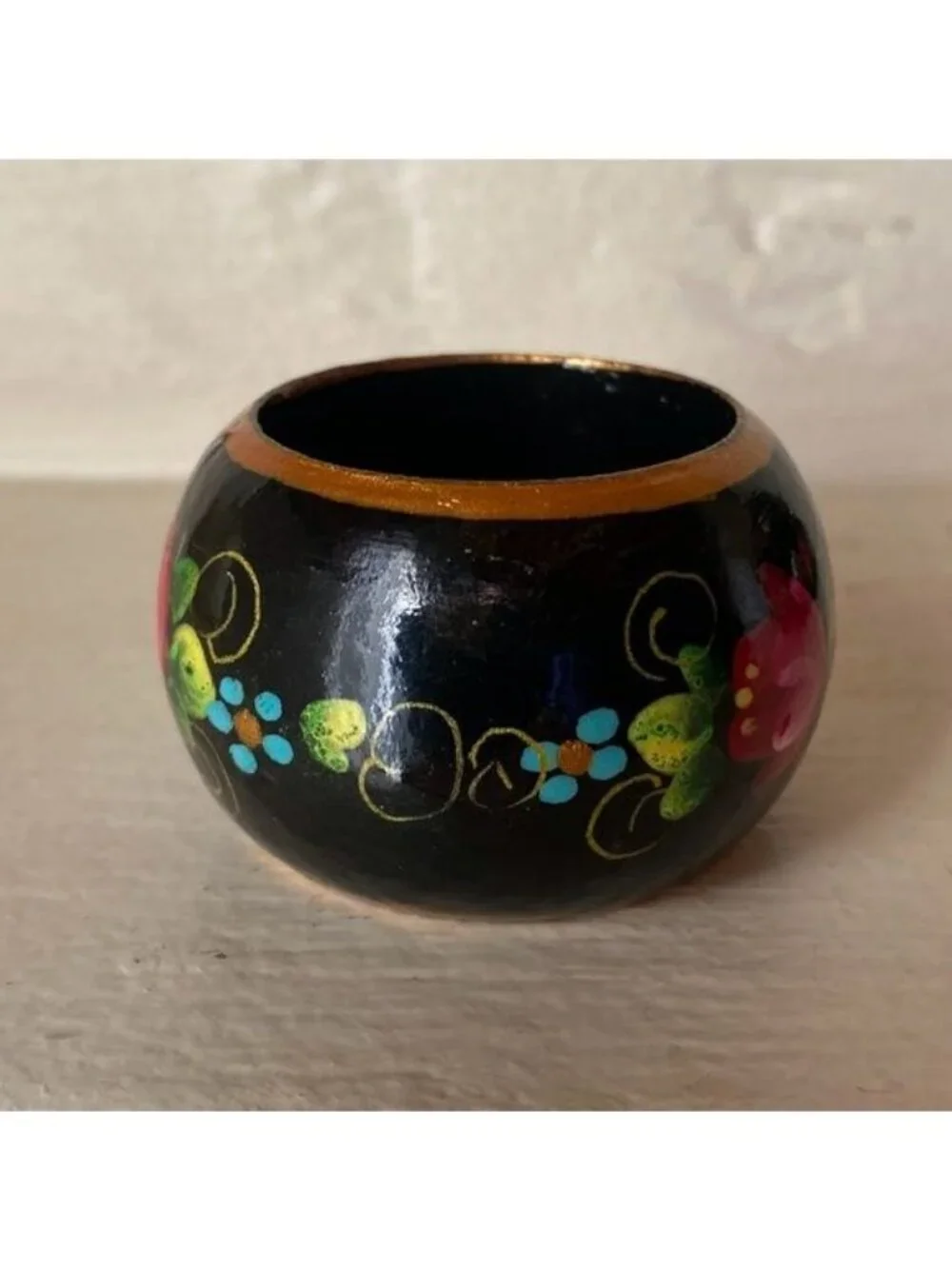 Russian Hand Painted Black Laquered Wood Floral Napkin Rings
